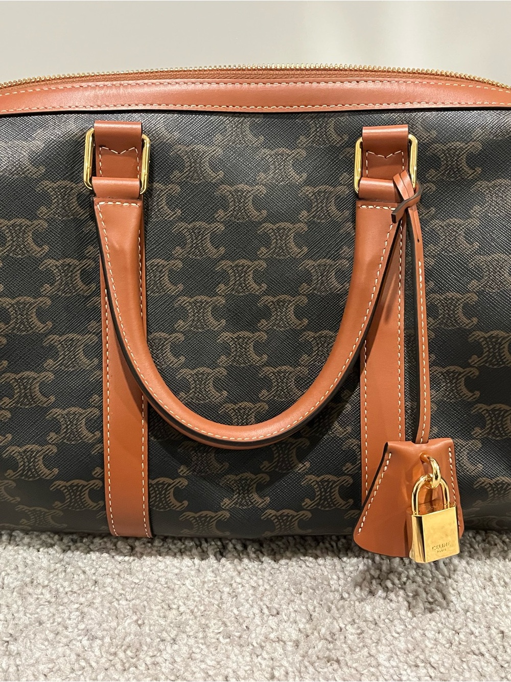 Large Boston Celine Bag in Triomphe Canvas and Calfskin